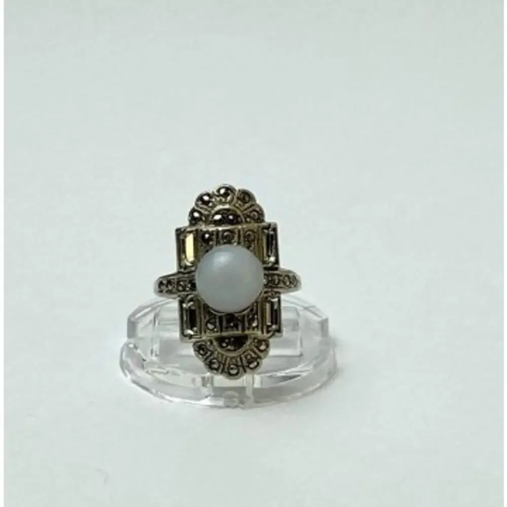 Vintage 925 Sterling Silver Agate, Goshenite & Marcasites Ring Size 5.5
